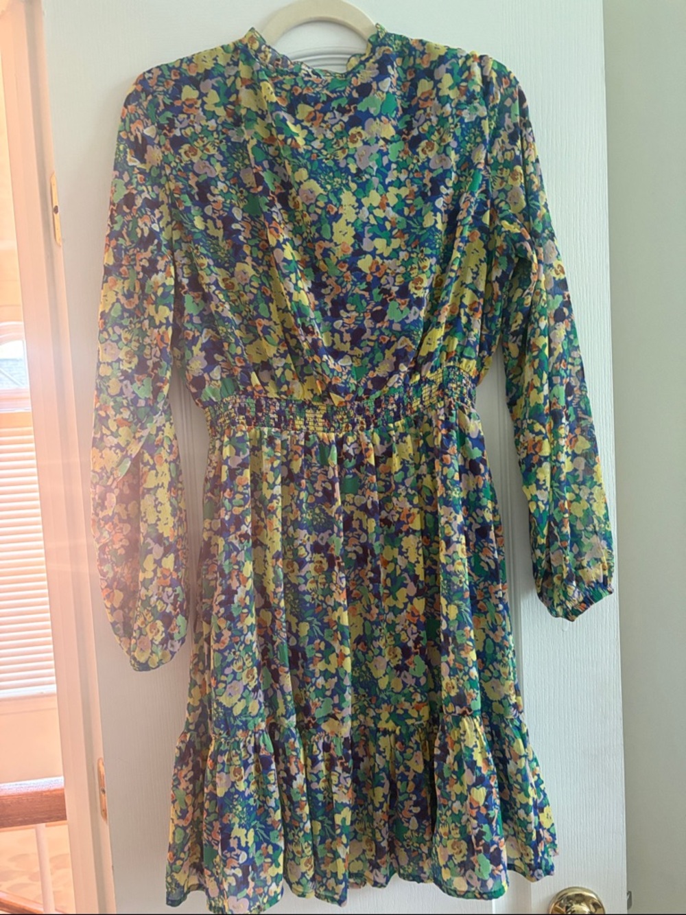 Women’s Floral Long-Sleeve Ruffle Hem Dress in Blue-Green - Picture 3 of 4